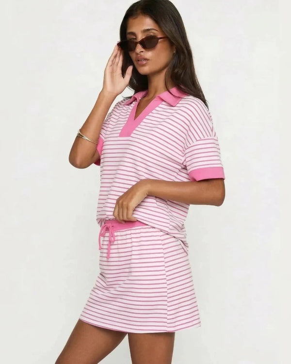 2-Piece V-Neck Polo Skort Set with Built-In Shorts