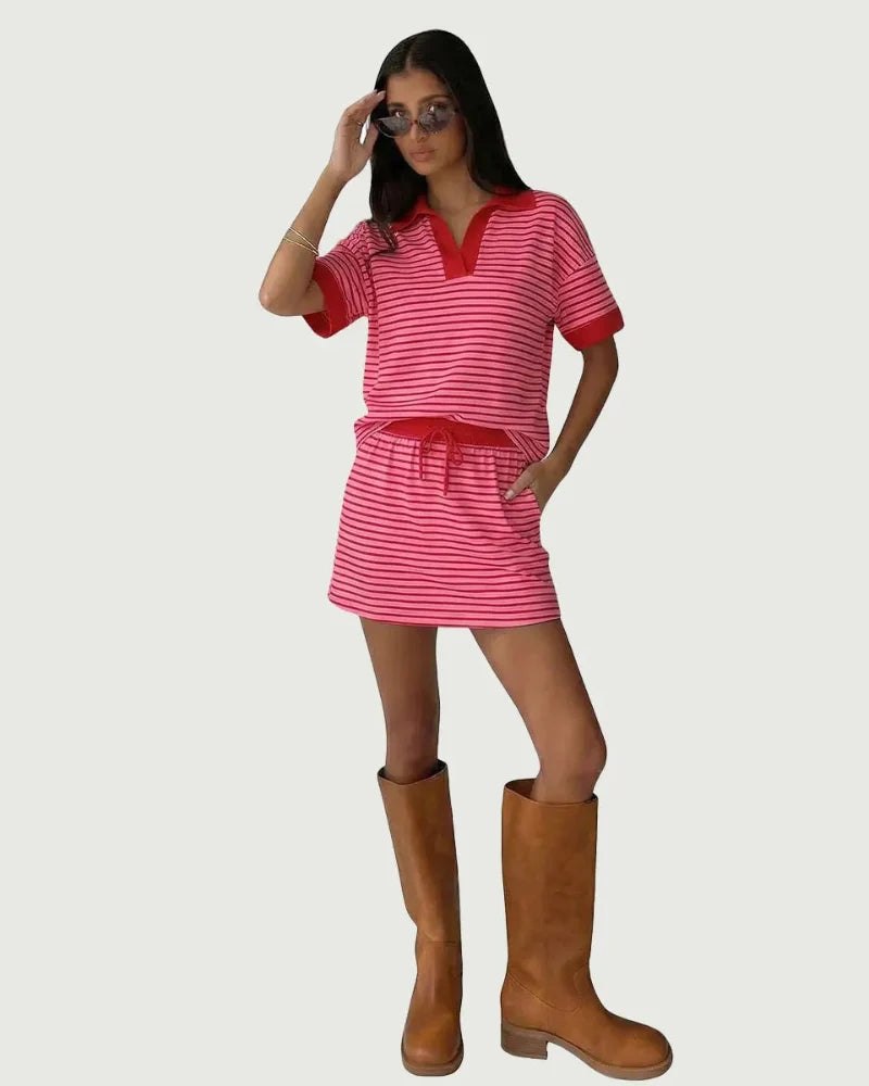2-Piece V-Neck Polo Skort Set with Built-In Shorts