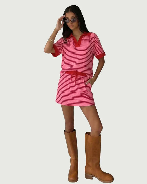 2-Piece V-Neck Polo Skort Set with Built-In Shorts