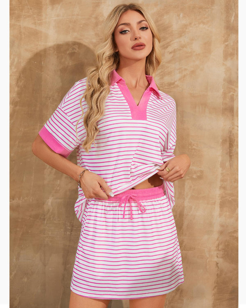 2-Piece V-Neck Polo Skort Set with Built-In Shorts