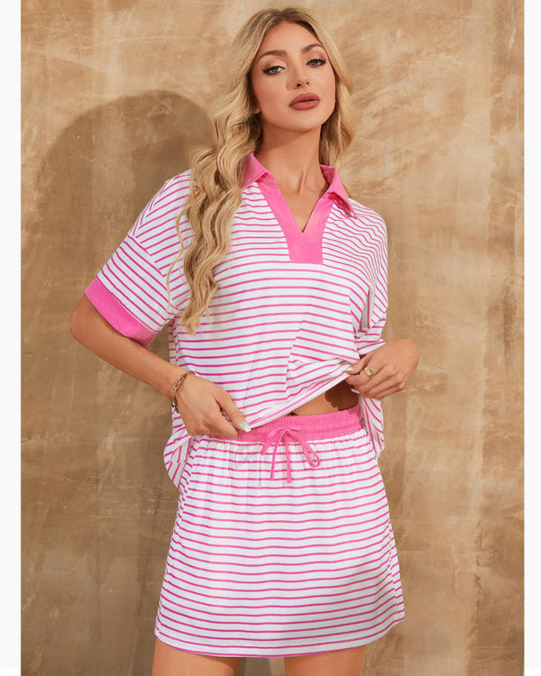 2-Piece V-Neck Polo Skort Set with Built-In Shorts