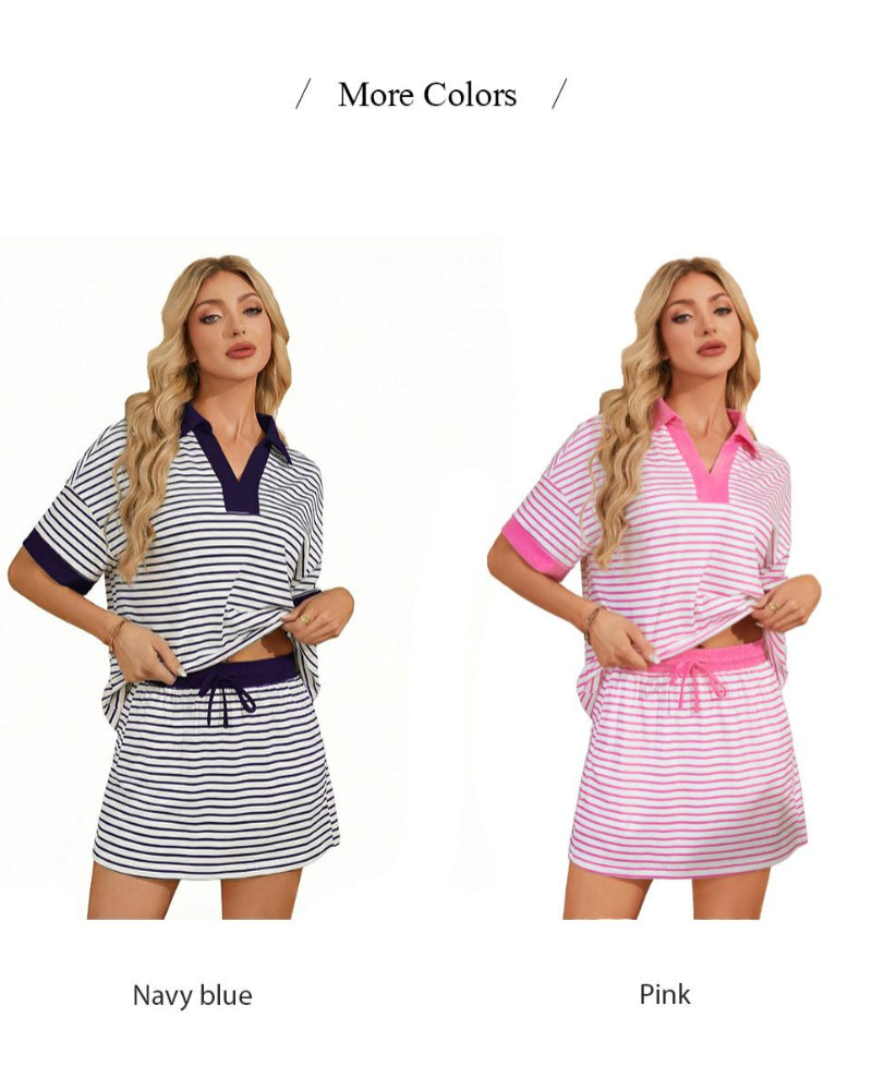 2-Piece V-Neck Polo Skort Set with Built-In Shorts