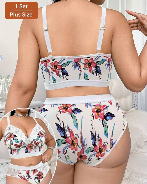 Luxurious Plus-Size Wireless Floral Lingerie Set — Soft, Cozy, All-Day Comfort
