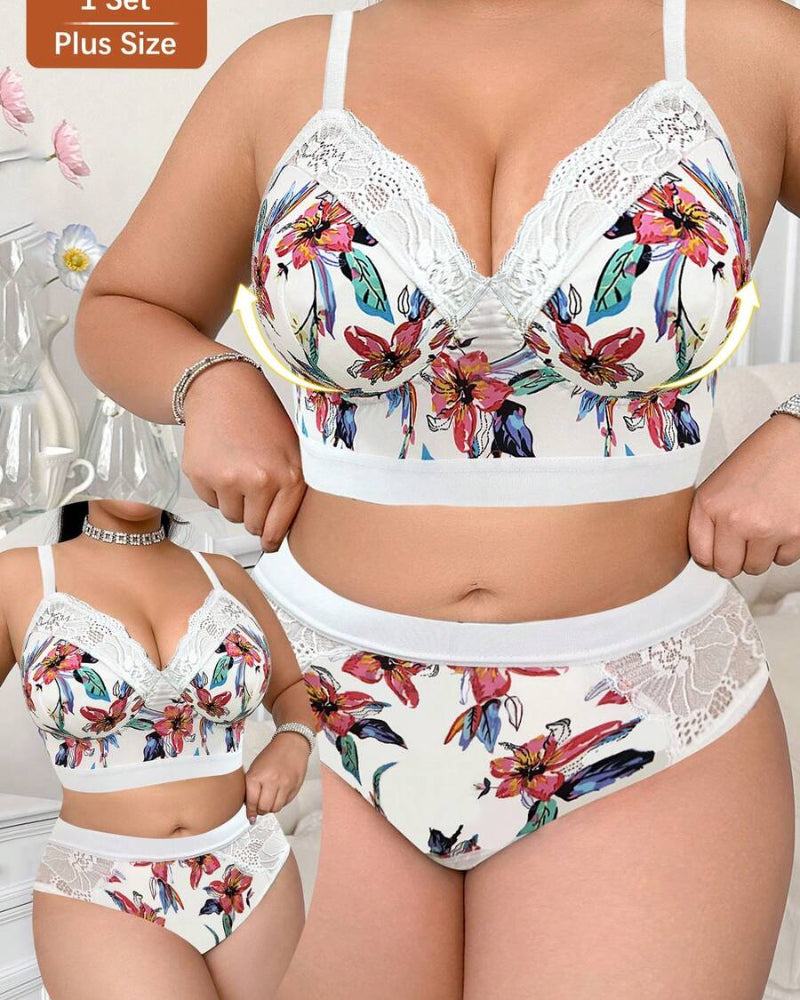 Luxurious Plus-Size Wireless Floral Lingerie Set — Soft, Cozy, All-Day Comfort
