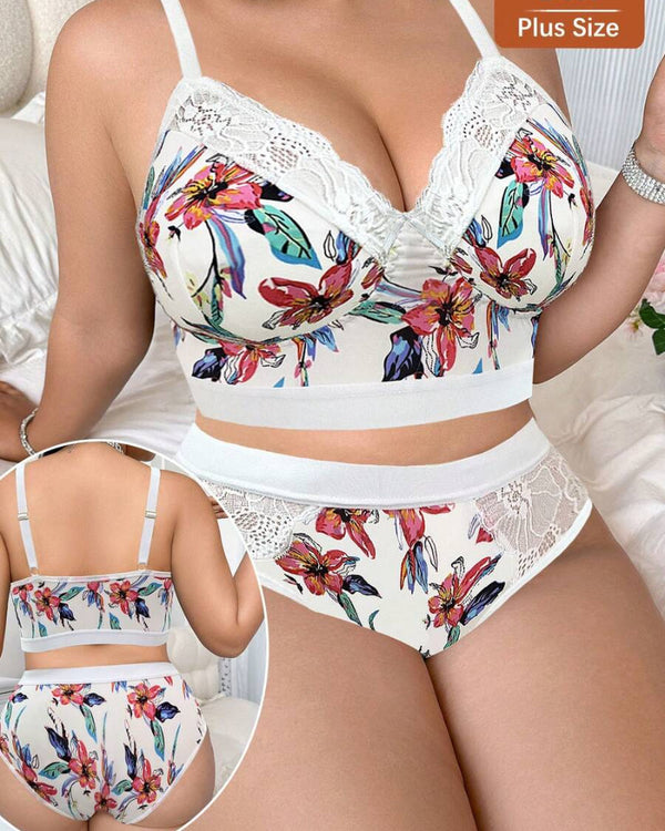 Luxurious Plus-Size Wireless Floral Lingerie Set — Soft, Cozy, All-Day Comfort