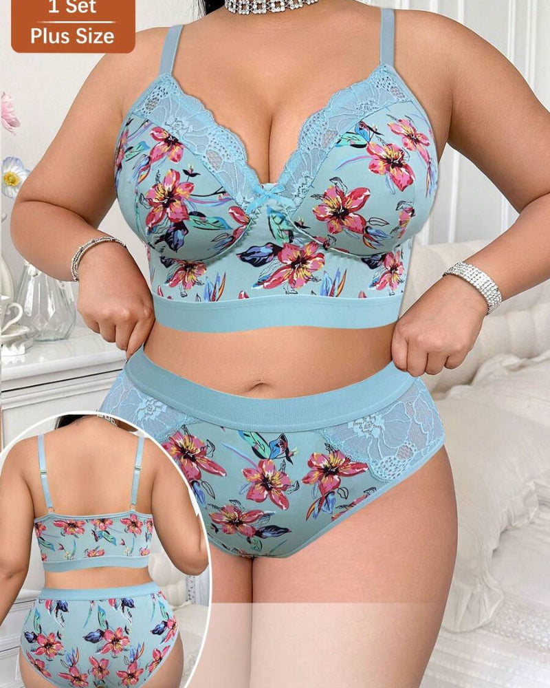 Luxurious Plus-Size Wireless Floral Lingerie Set — Soft, Cozy, All-Day Comfort