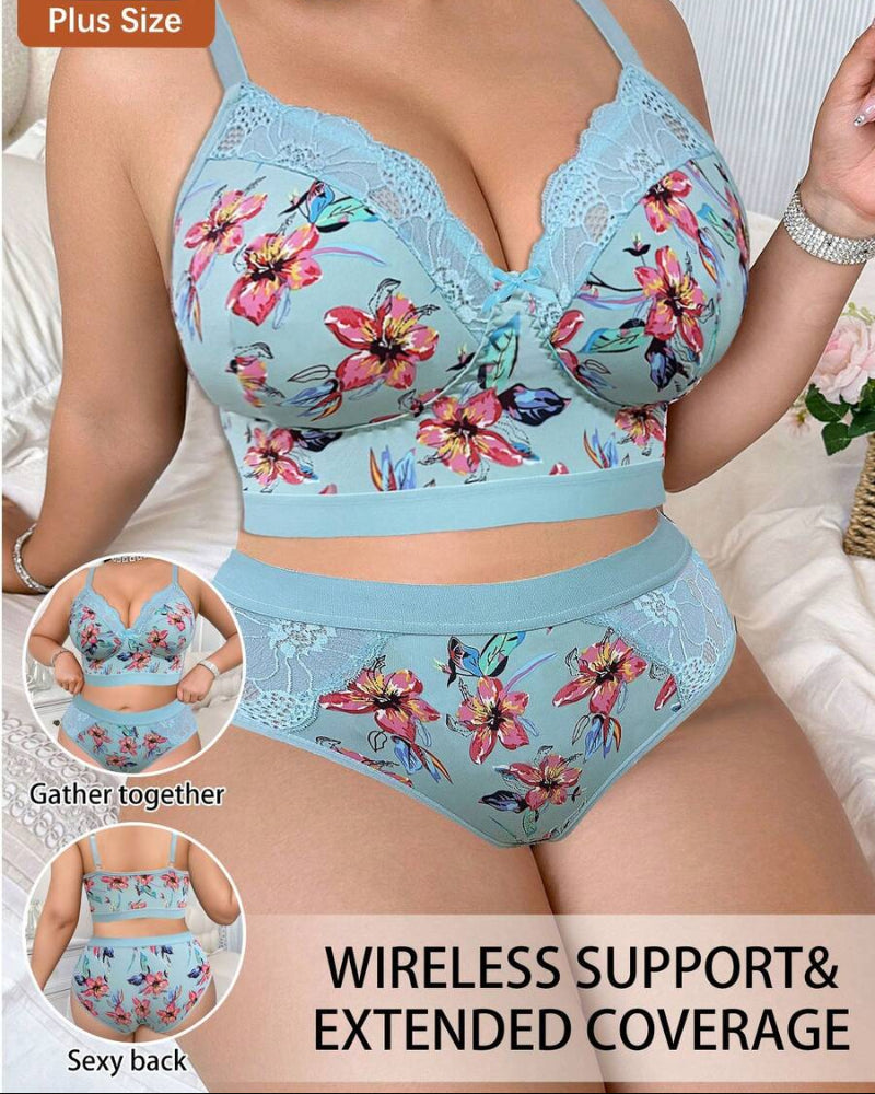 Luxurious Plus-Size Wireless Floral Lingerie Set — Soft, Cozy, All-Day Comfort