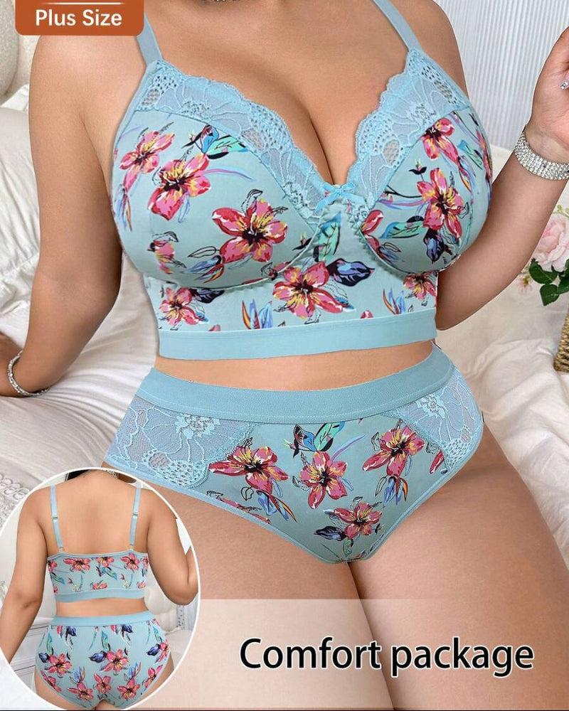 Luxurious Plus-Size Wireless Floral Lingerie Set — Soft, Cozy, All-Day Comfort