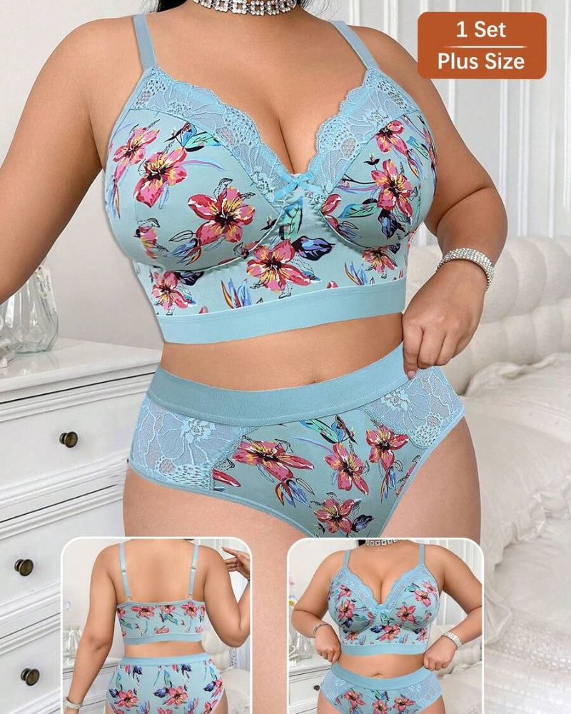 Luxurious Plus-Size Wireless Floral Lingerie Set — Soft, Cozy, All-Day Comfort