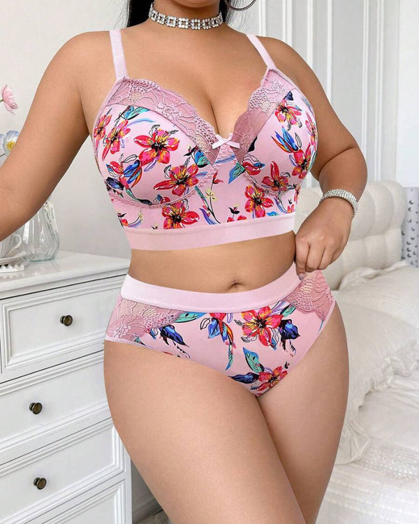 Luxurious Plus-Size Wireless Floral Lingerie Set — Soft, Cozy, All-Day Comfort