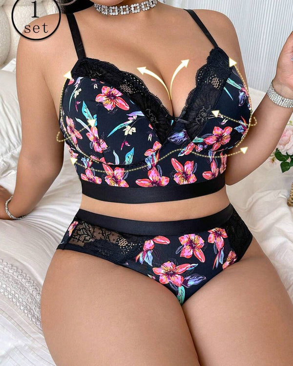 Luxurious Plus-Size Wireless Floral Lingerie Set — Soft, Cozy, All-Day Comfort