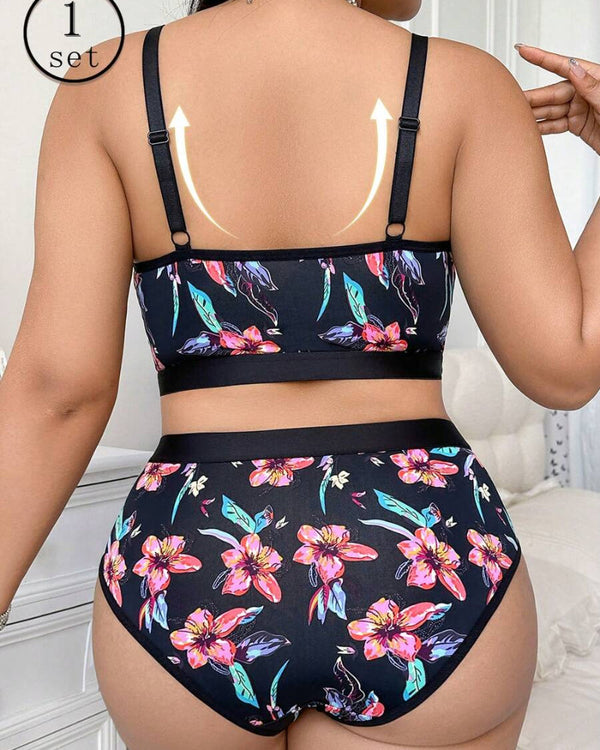 Luxurious Plus-Size Wireless Floral Lingerie Set — Soft, Cozy, All-Day Comfort