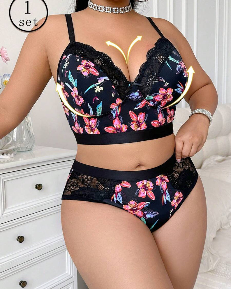 Luxurious Plus-Size Wireless Floral Lingerie Set — Soft, Cozy, All-Day Comfort
