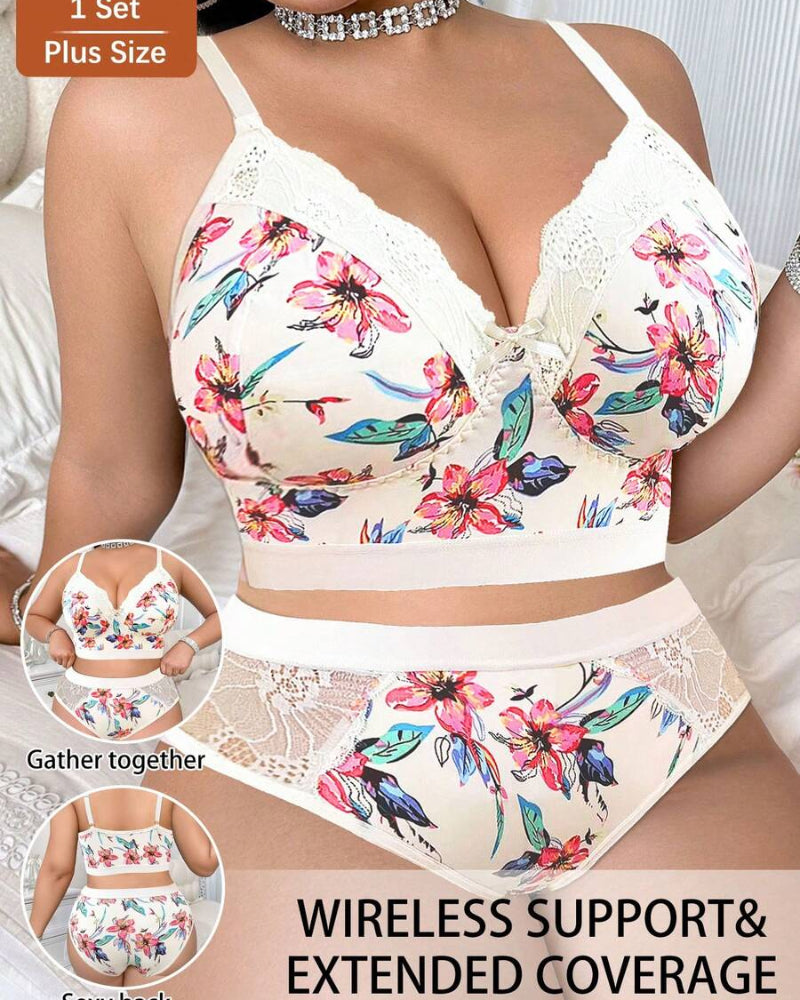 Luxurious Plus-Size Wireless Floral Lingerie Set — Soft, Cozy, All-Day Comfort