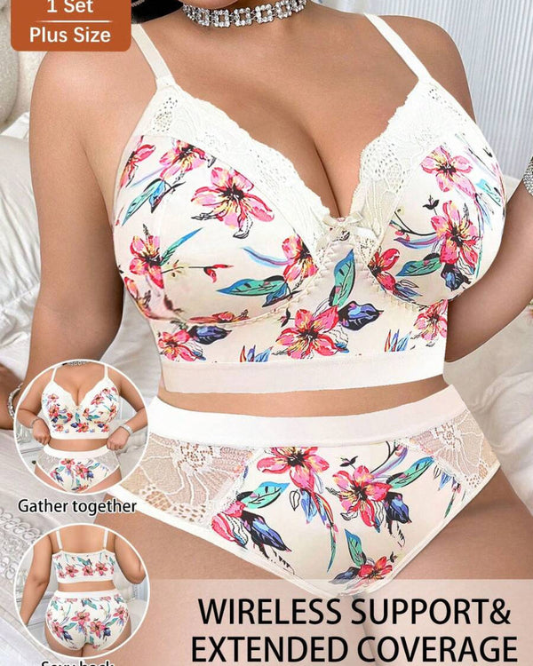 Luxurious Plus-Size Wireless Floral Lingerie Set — Soft, Cozy, All-Day Comfort