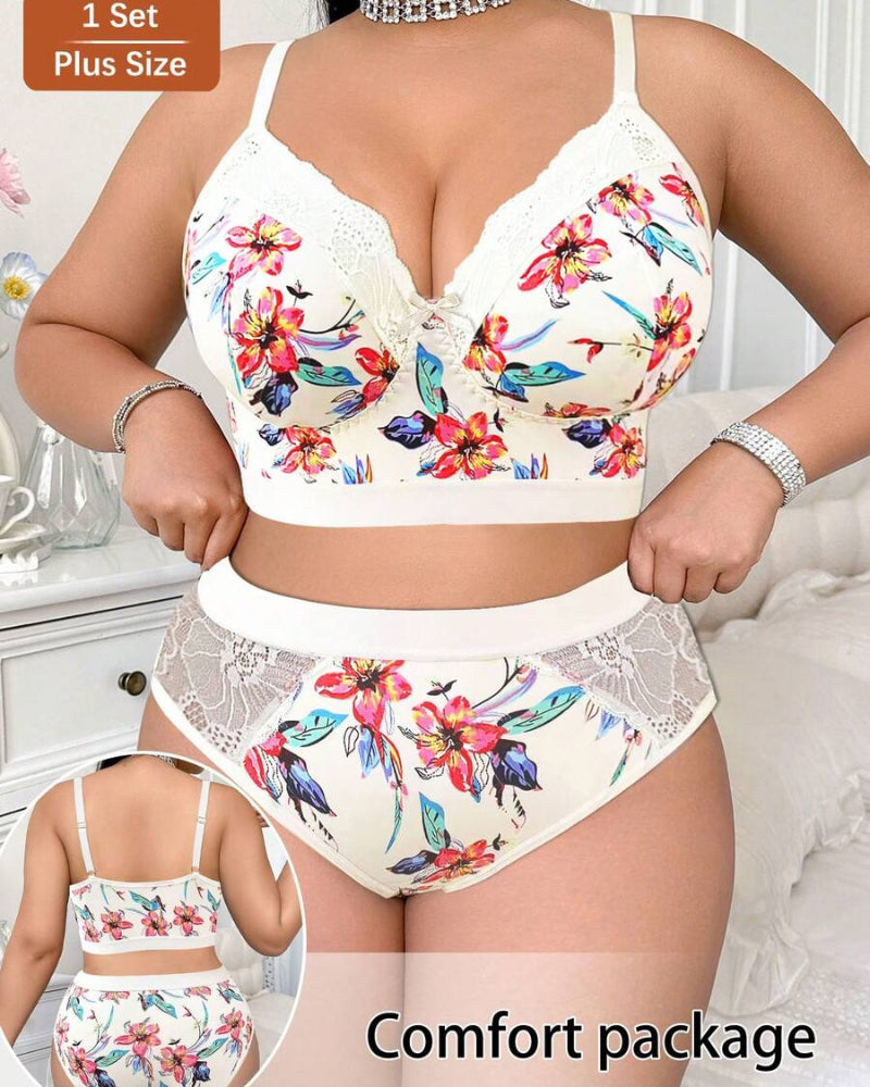 Luxurious Plus-Size Wireless Floral Lingerie Set — Soft, Cozy, All-Day Comfort