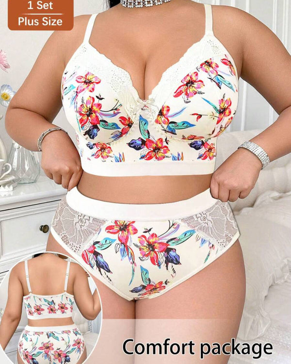 Luxurious Plus-Size Wireless Floral Lingerie Set — Soft, Cozy, All-Day Comfort
