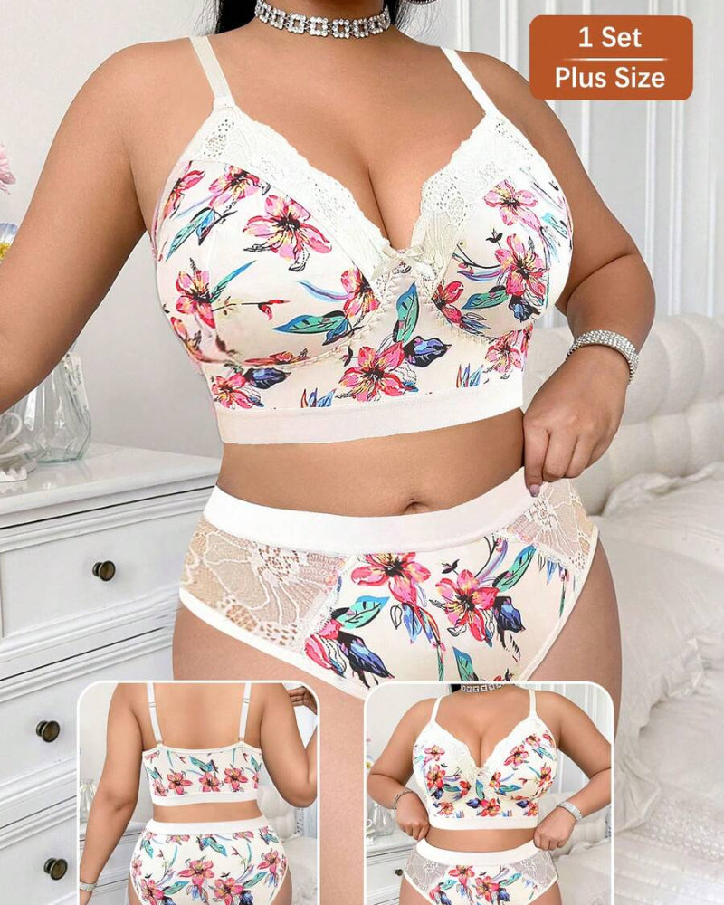 Luxurious Plus-Size Wireless Floral Lingerie Set — Soft, Cozy, All-Day Comfort