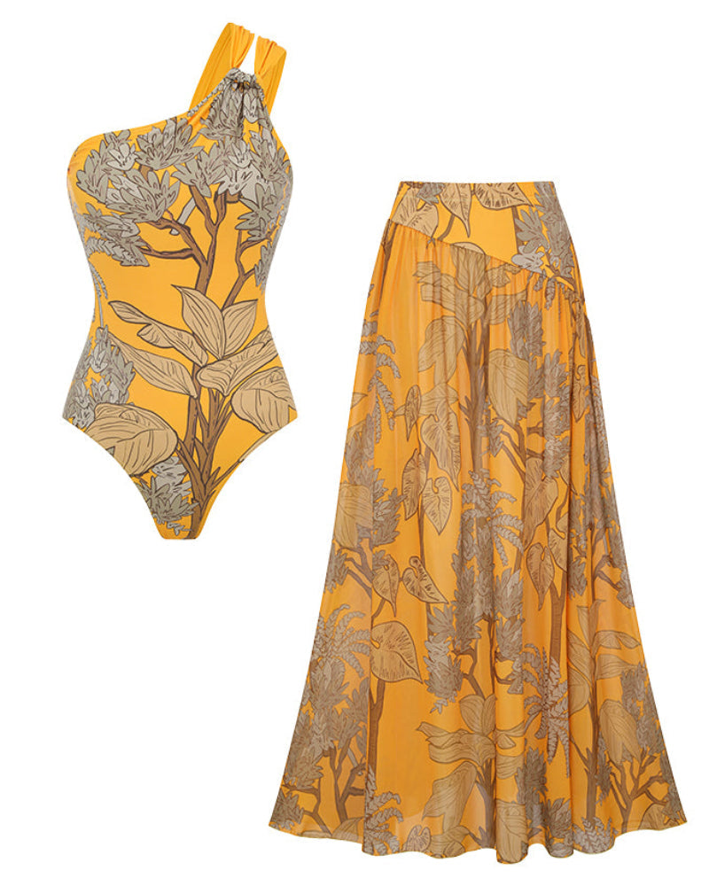 Women’s One-Shoulder Yellow Plant Print Swim Set with Cover Skirt Main image