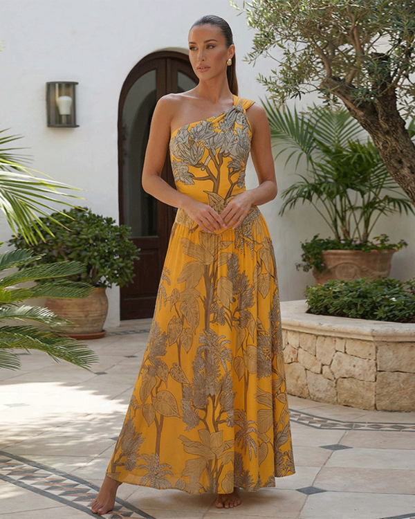 Women’s One-Shoulder Yellow Plant Print Swim Set with Cover Skirt