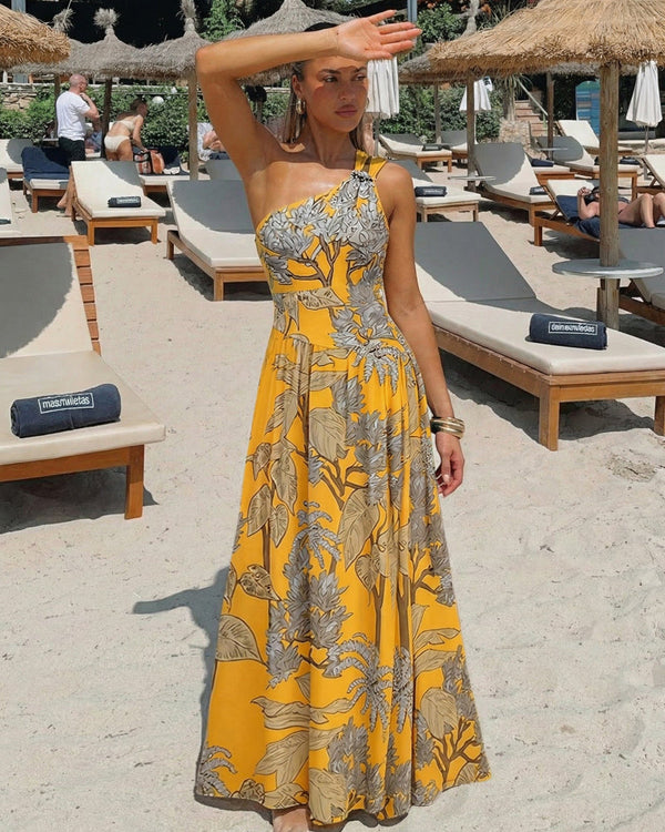 Women’s One-Shoulder Yellow Plant Print Swim Set with Cover Skirt