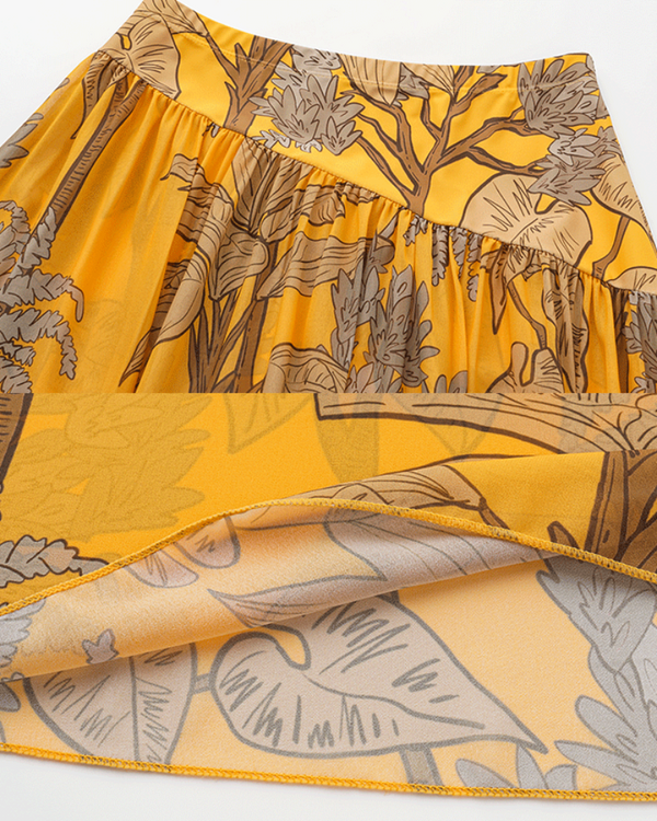 Women’s One-Shoulder Yellow Plant Print Swim Set with Cover Skirt