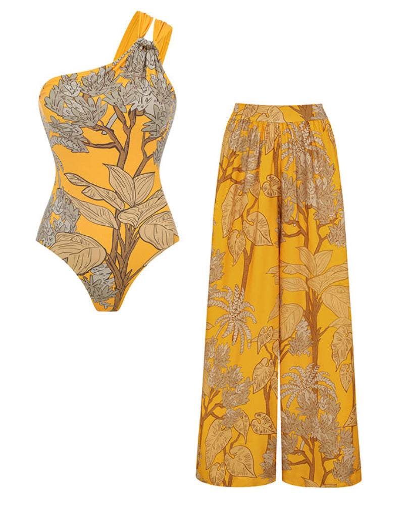 Women’s One-Shoulder Yellow Plant Print Swim Set with Cover Skirt Secondary image