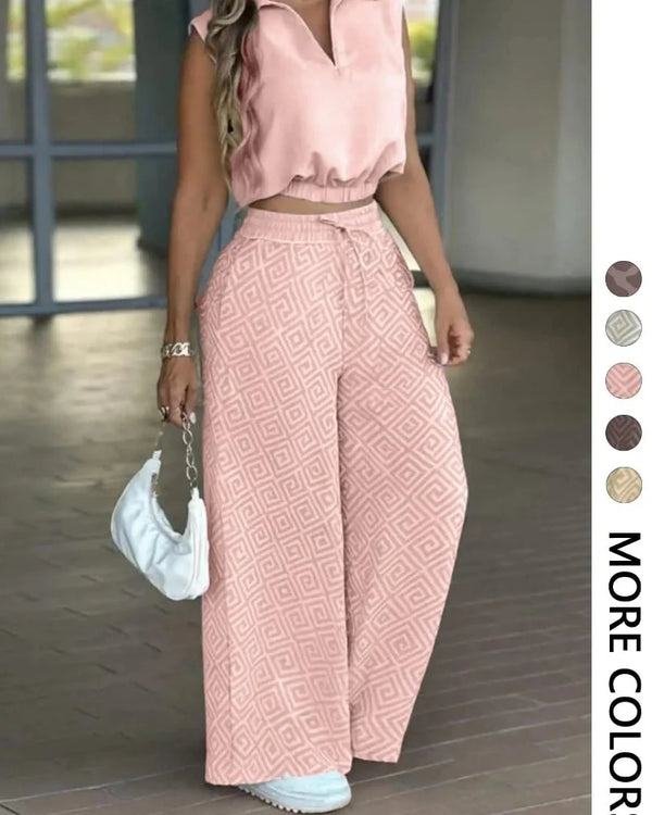 Women's 2-Piece Casual Set: Sleeveless Top & Flowy Wide-Leg Pants