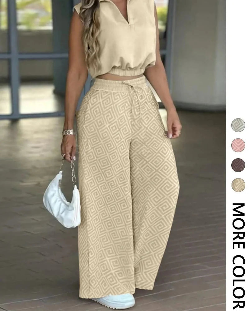 Women's 2-Piece Casual Set: Sleeveless Top & Flowy Wide-Leg Pants