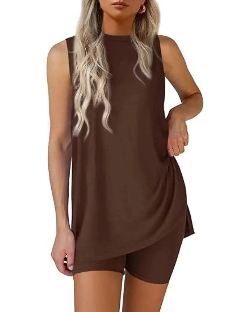 Women's Sleeveless 2-Piece Summer Lounge Set with Split-Hem Shorts – Effortless Comfort