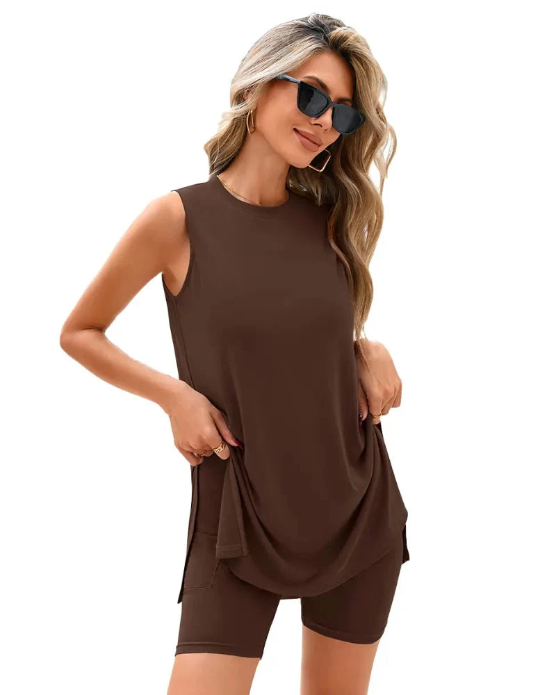 Women's Sleeveless 2-Piece Summer Lounge Set with Split-Hem Shorts – Effortless Comfort