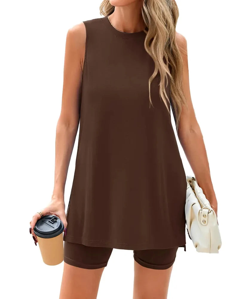 Women's Sleeveless 2-Piece Summer Lounge Set with Split-Hem Shorts – Effortless Comfort
