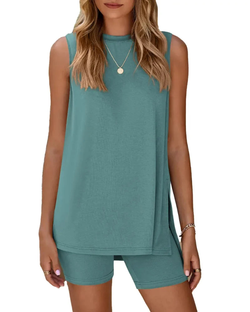 Women's Sleeveless 2-Piece Summer Lounge Set with Split-Hem Shorts – Effortless Comfort