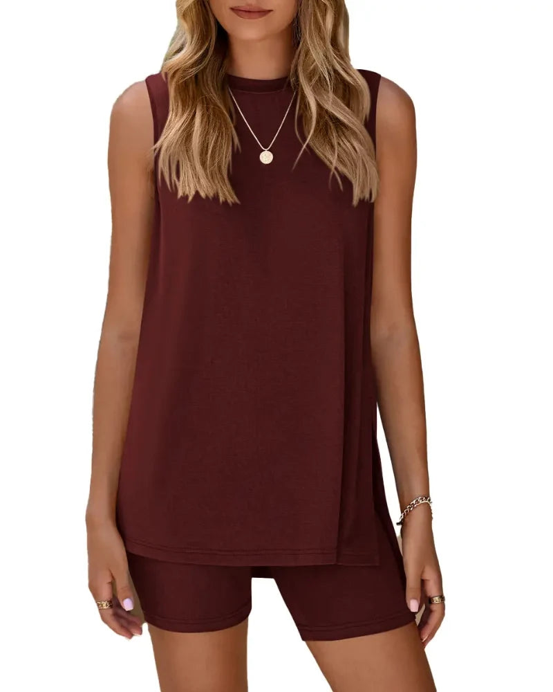 Women's Sleeveless 2-Piece Summer Lounge Set with Split-Hem Shorts – Effortless Comfort