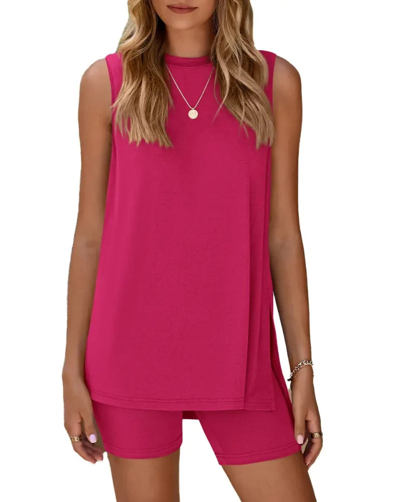 Women's Sleeveless 2-Piece Summer Lounge Set with Split-Hem Shorts – Effortless Comfort