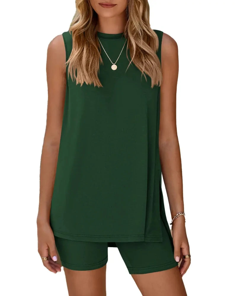 Women's Sleeveless 2-Piece Summer Lounge Set with Split-Hem Shorts – Effortless Comfort