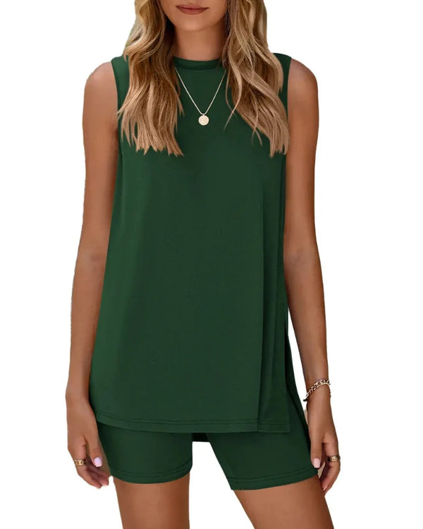 Women's Sleeveless 2-Piece Summer Lounge Set with Split-Hem Shorts – Effortless Comfort