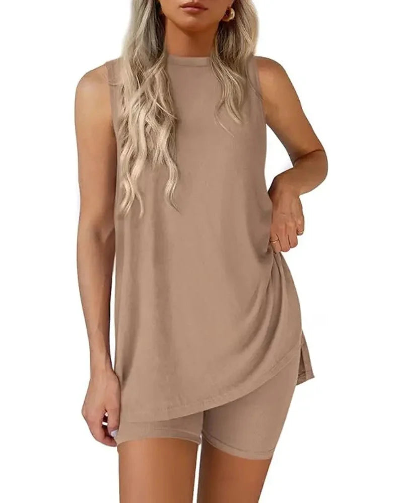 Women's Sleeveless 2-Piece Summer Lounge Set with Split-Hem Shorts – Effortless Comfort