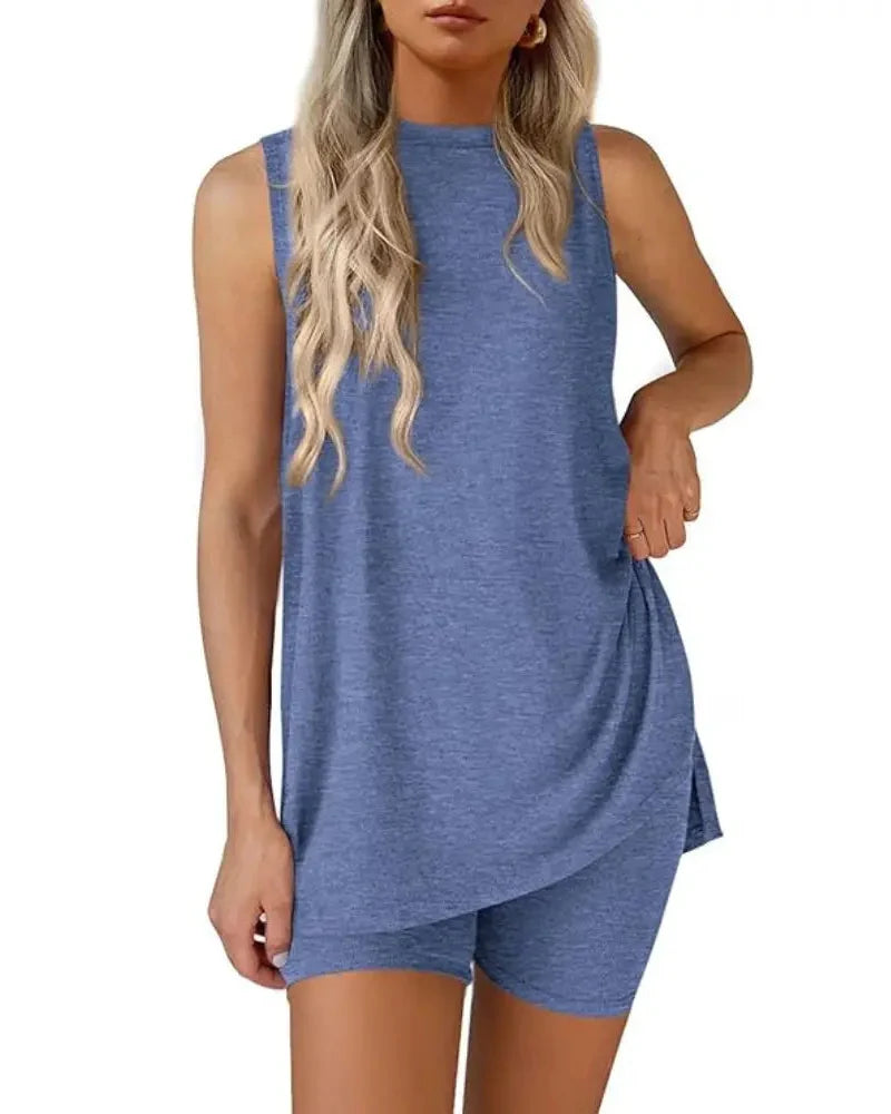 Women's Sleeveless 2-Piece Summer Lounge Set with Split-Hem Shorts – Effortless Comfort