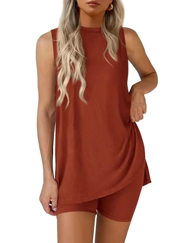 Women's Sleeveless 2-Piece Summer Lounge Set with Split-Hem Shorts – Effortless Comfort