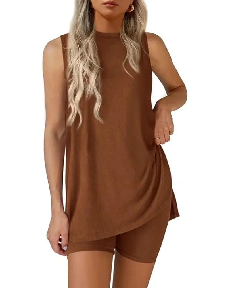 Women's Sleeveless 2-Piece Summer Lounge Set with Split-Hem Shorts – Effortless Comfort