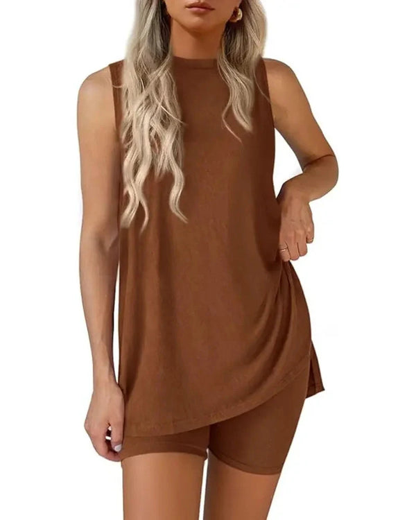Women's Sleeveless 2-Piece Summer Lounge Set with Split-Hem Shorts – Effortless Comfort