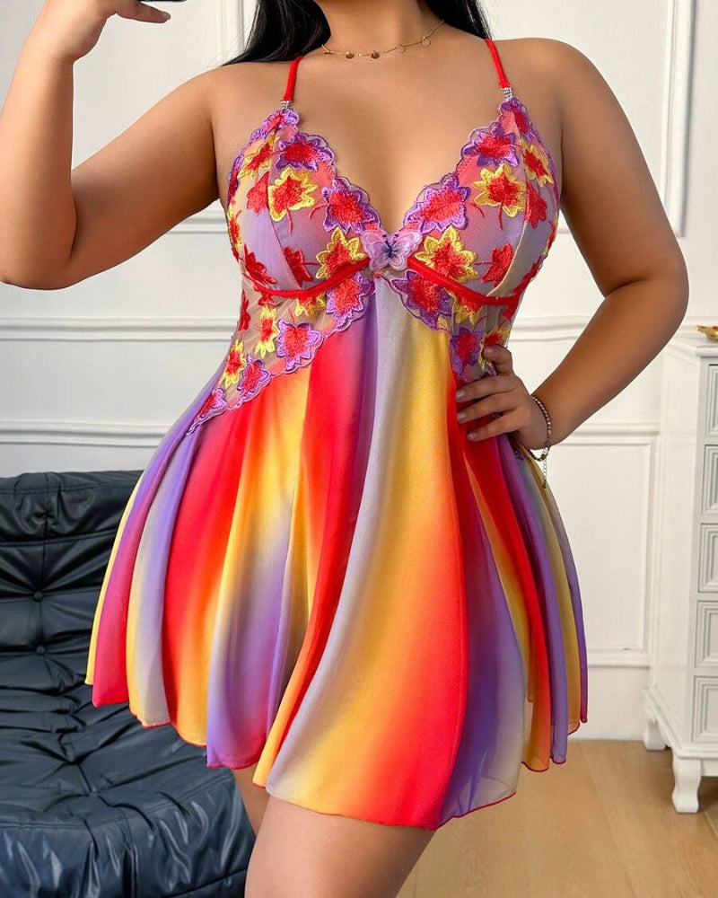 Plus Size Rainbow Ombre Sheer Babydoll Nightgown - Flowy, Vibrant Lingerie Nightwear