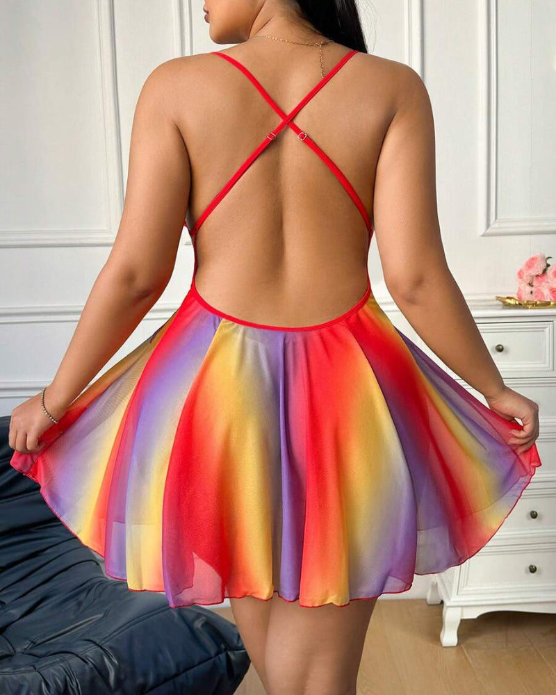 Plus Size Rainbow Ombre Sheer Babydoll Nightgown - Flowy, Vibrant Lingerie Nightwear