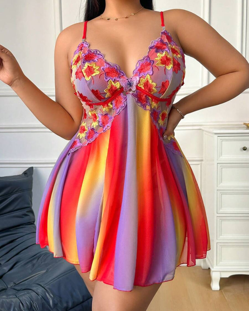 Plus Size Rainbow Ombre Sheer Babydoll Nightgown - Flowy, Vibrant Lingerie Nightwear