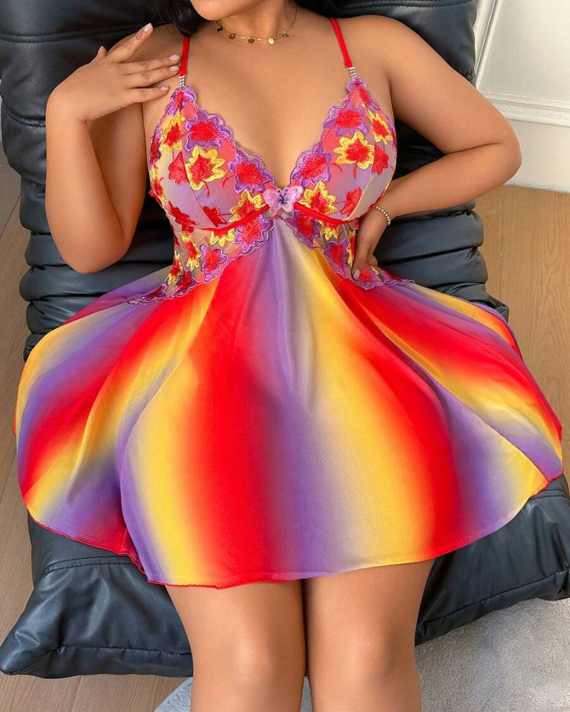 Plus Size Rainbow Ombre Sheer Babydoll Nightgown - Flowy, Vibrant Lingerie Nightwear