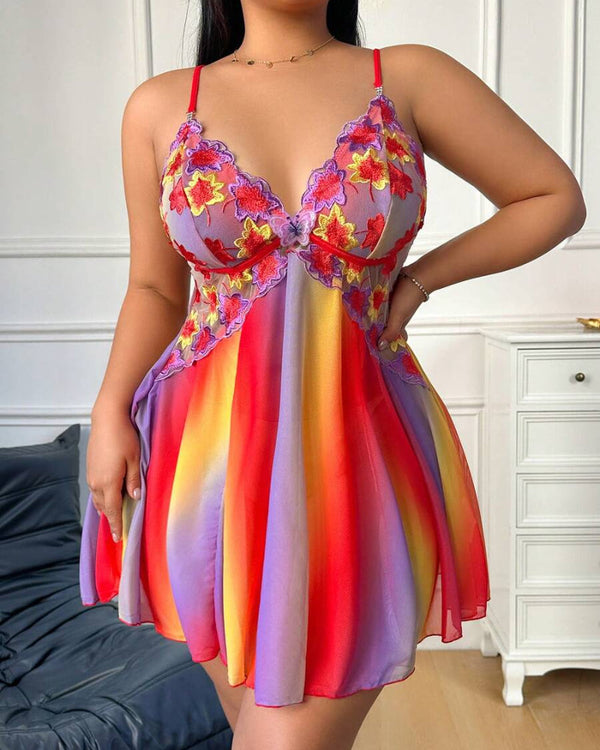 Plus Size Rainbow Ombre Sheer Babydoll Nightgown - Flowy, Vibrant Lingerie Nightwear