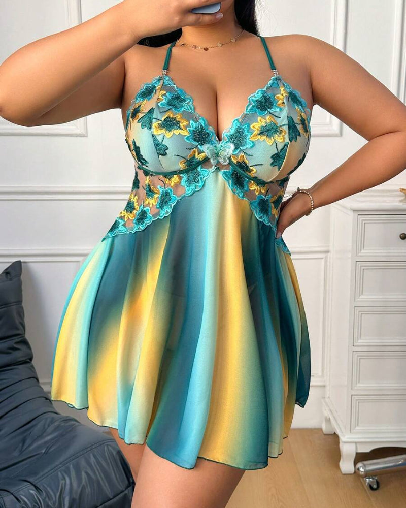 Plus Size Rainbow Ombre Sheer Babydoll Nightgown - Flowy, Vibrant Lingerie Nightwear