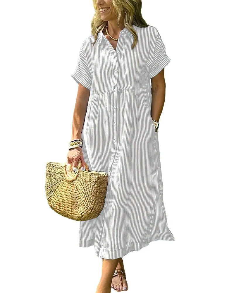 Women's Striped Midi Shirt Dress with Boho Side Slit – Effortless Summer Sundress