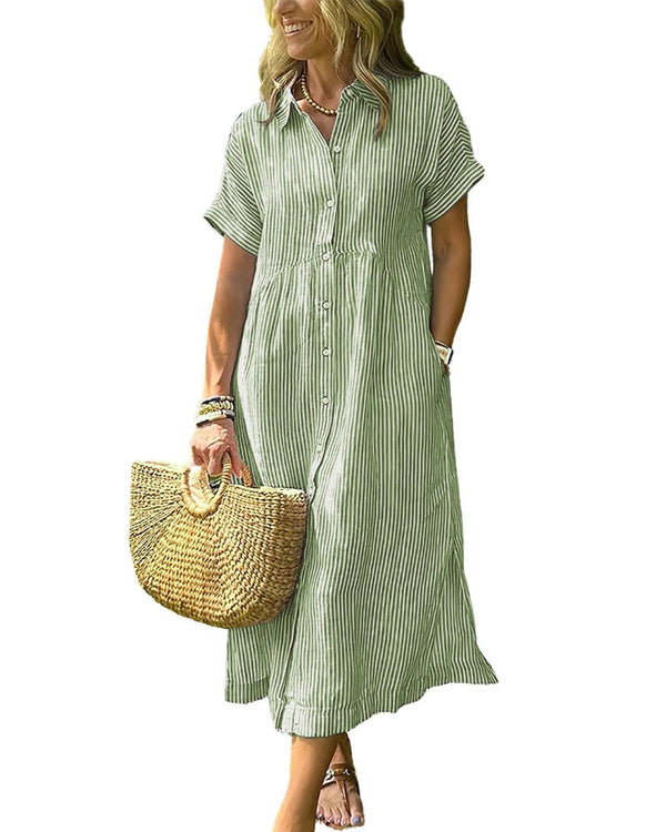 Women's Striped Midi Shirt Dress with Boho Side Slit – Effortless Summer Sundress